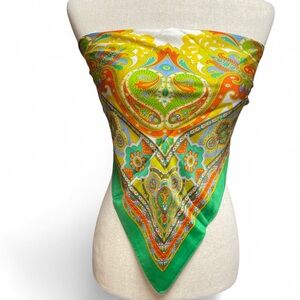 Vintage‎ Liberty of London All Silk Green Yellow Paisley Print 27x27 Retro Scarf